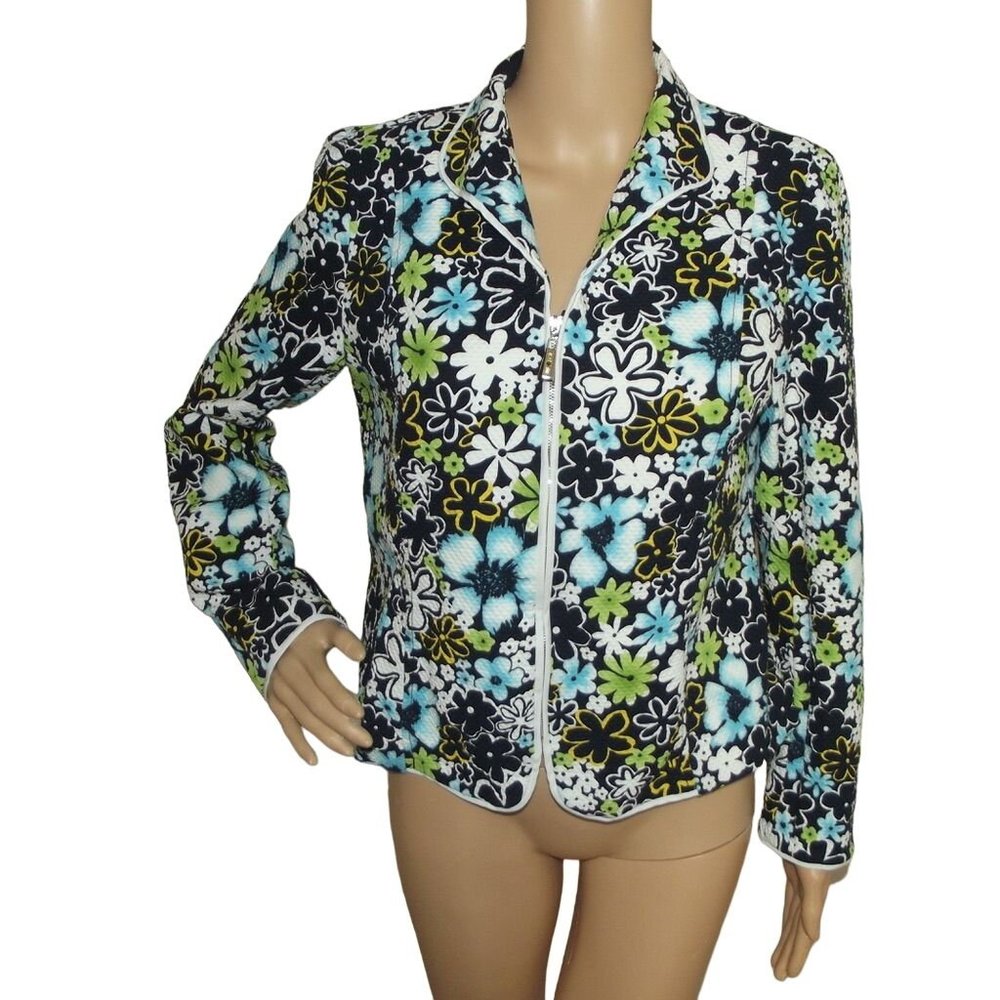 Requirements Jacket Size 12 Floral Zip Front Quilted Jacket turquoise blue green - Picture 1 of 12
